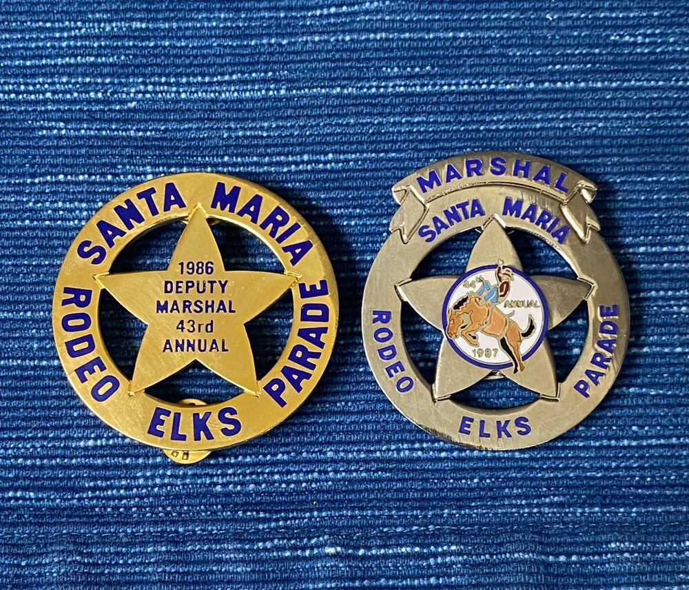 Vintage Santa Maria CA Rodeo Parade Elks 1986 & 1987 Pin Back Deputy Marshal